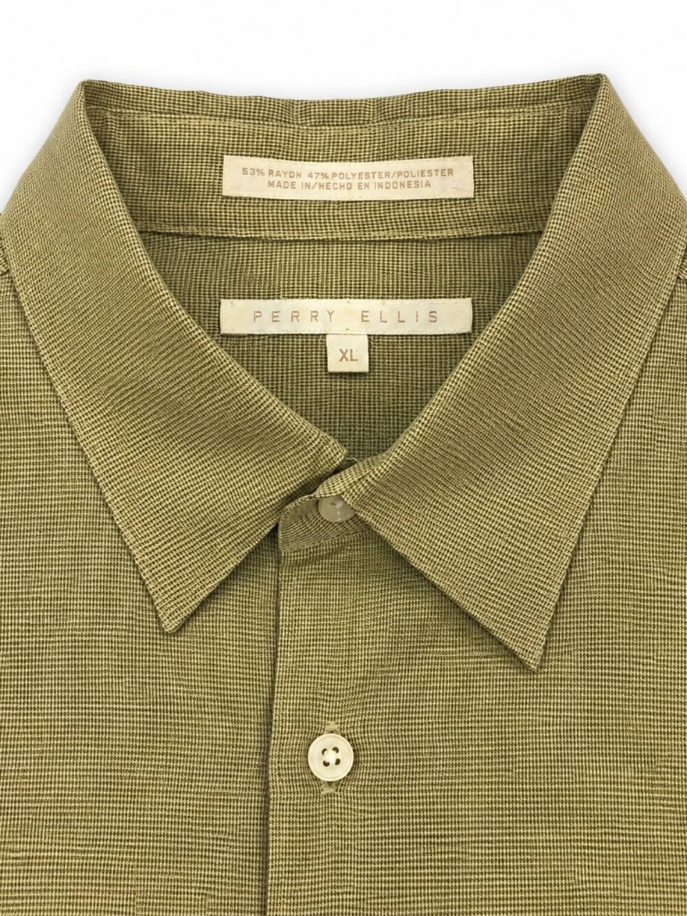 Perry Ellis Men's XL Olive Green Micro Check Short Sleeve Button Up